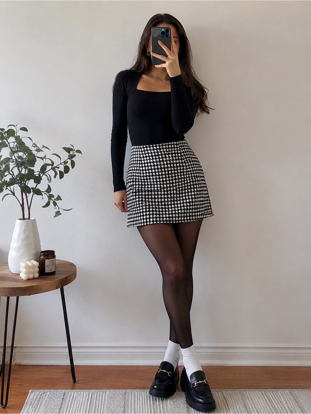 Old Navy Black White Houndstooth Mini Skirt Size Large